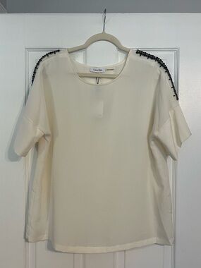 NWT Calvin Klein Cream Short Sleeve Top with Black Beaded Shoulders